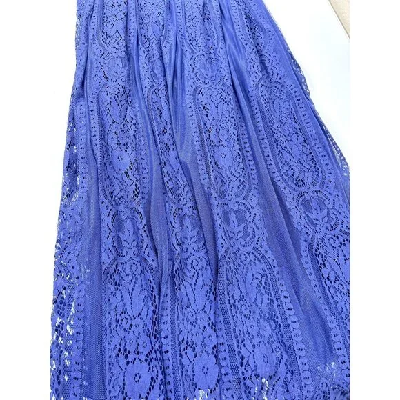 Merokeety Maxi Dress Lace Overlay Indigo Blue Boho Crochet Fringe Knit V Neck L - Picture 13 of 16